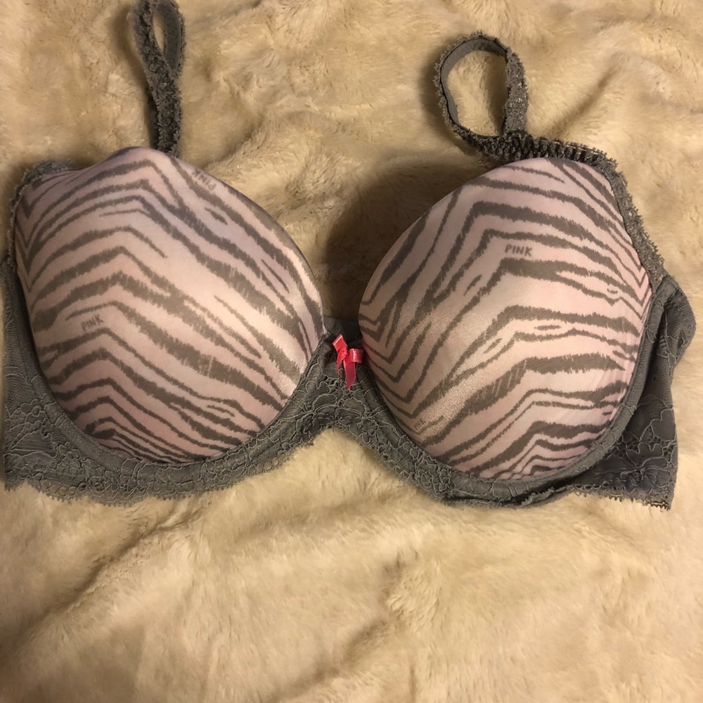 White and pinkish, gray bra